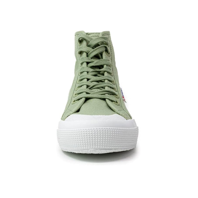 Green high-top lace-up canvas sneaker with white rubber sole, front view