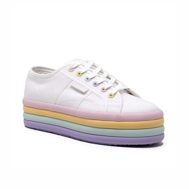 Superga 2790 white canvas lace-up sneakers with rainbow-striped rubber sole