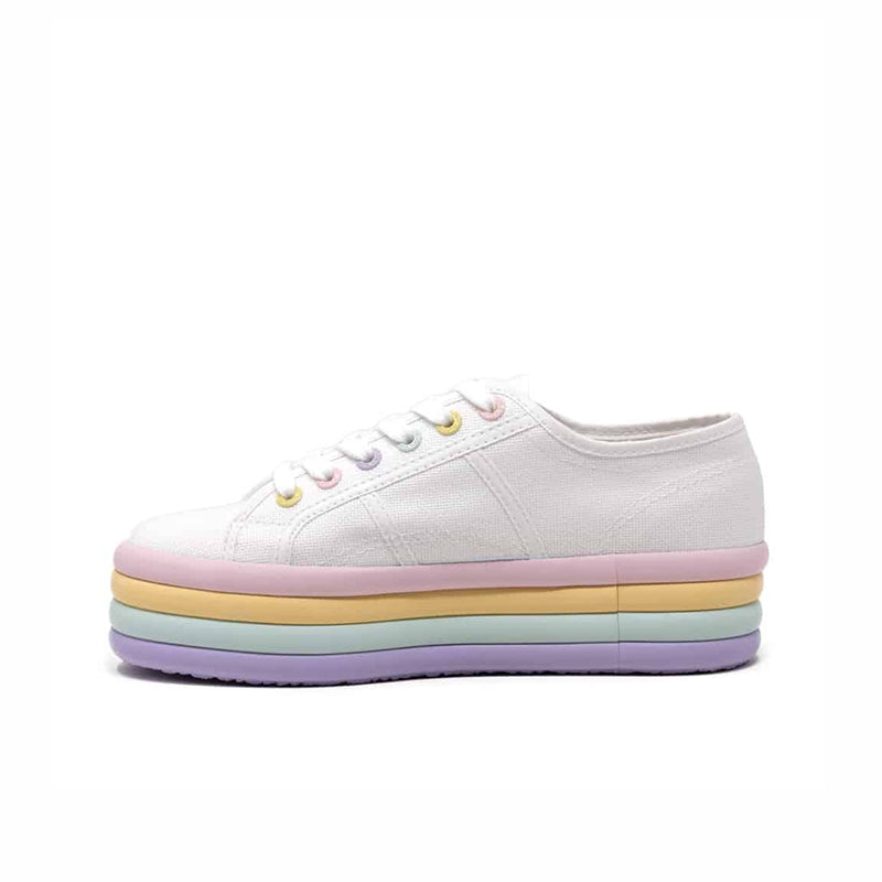 Superga 2790 white canvas low-top sneakers with lace-up and rainbow rubber sole