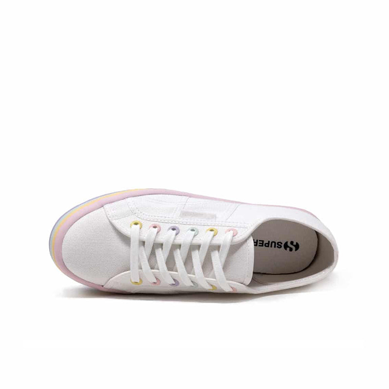Superga 2790 white canvas low-top sneaker, lace-up with multicolor rubber sole