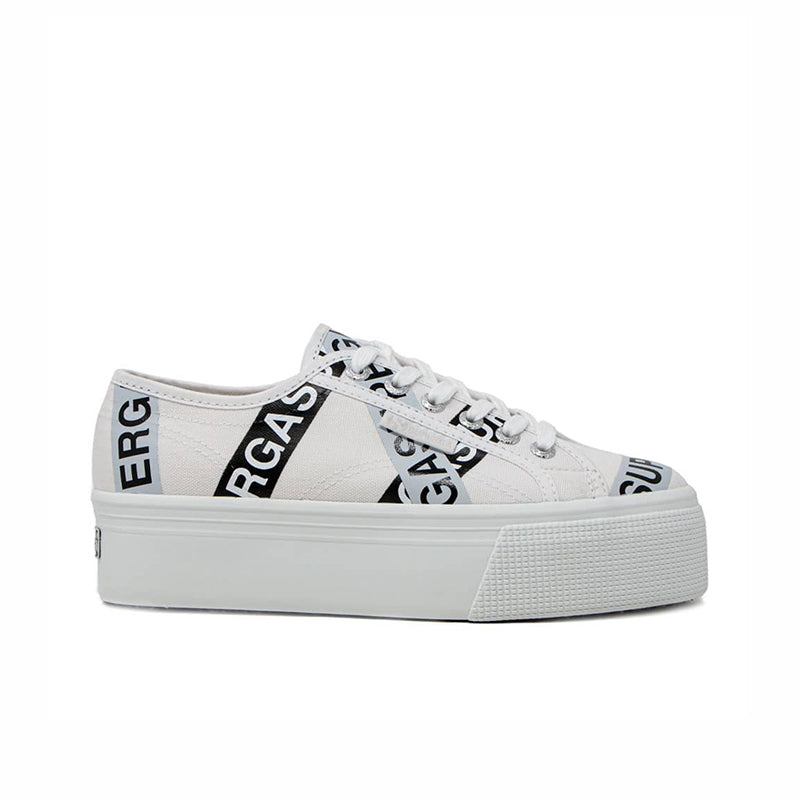 White canvas low-top sneakers with lace-up front and RG A side lettering tape detail