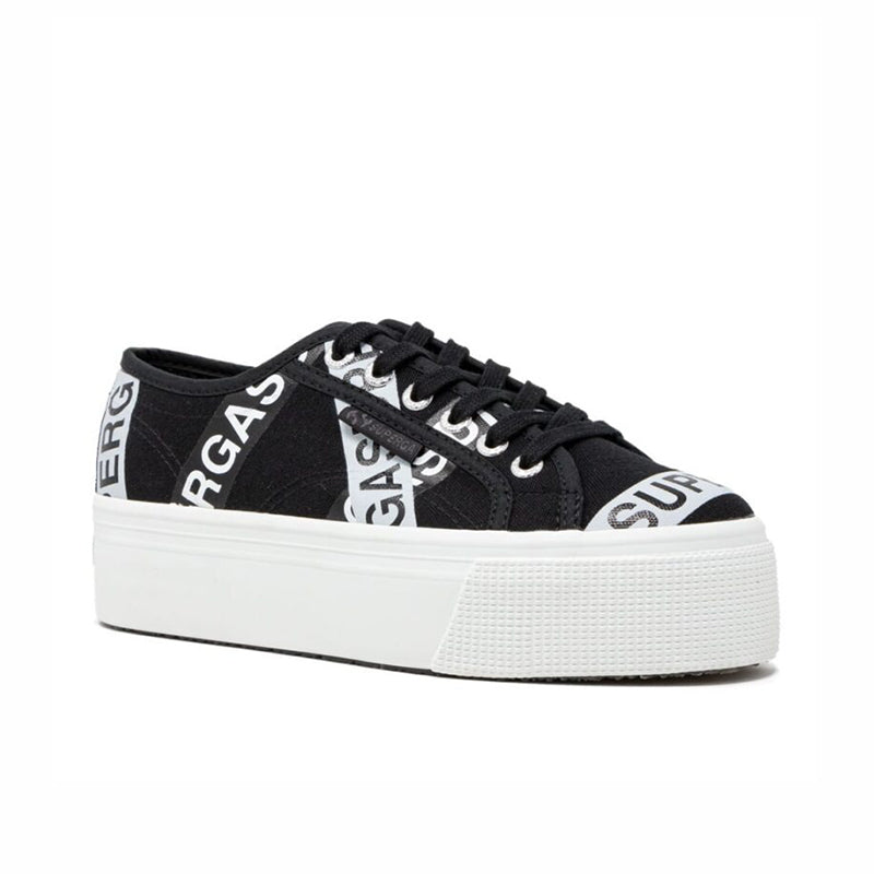 Black canvas low-top sneakers with lace-up front and large RG A lettering tape panels