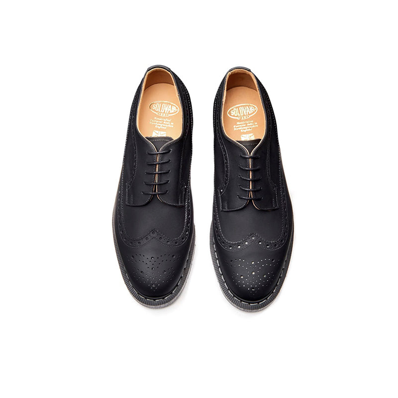 Black leather brogue lace-up shoes, side view with perforated toe and laces