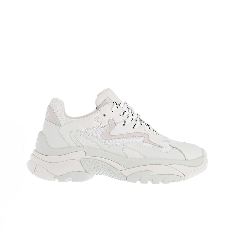 Women’s white leather dad sneakers with lace-up front and chunky sole