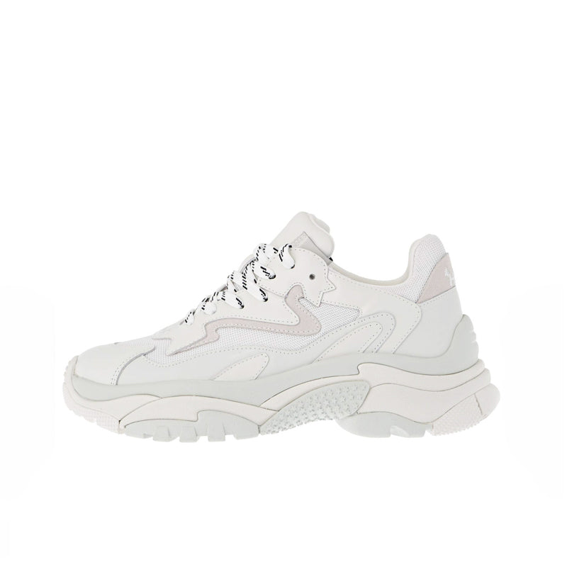 Women’s white leather dad sneakers, side view with lace-up and stitched overlays