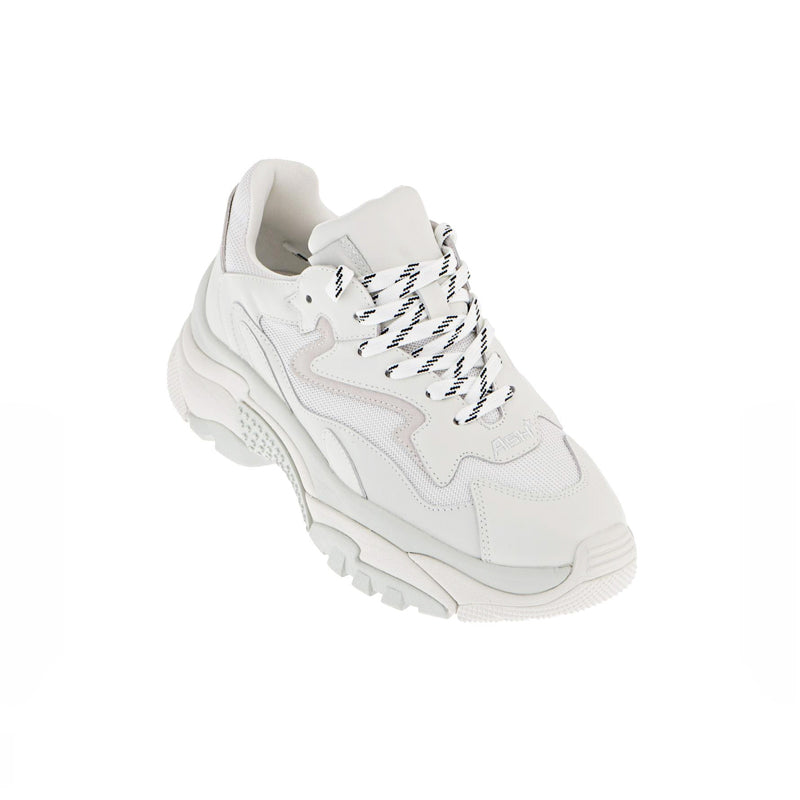 Women’s white leather sneakers with lace-up, textured midsole and sculpted panels
