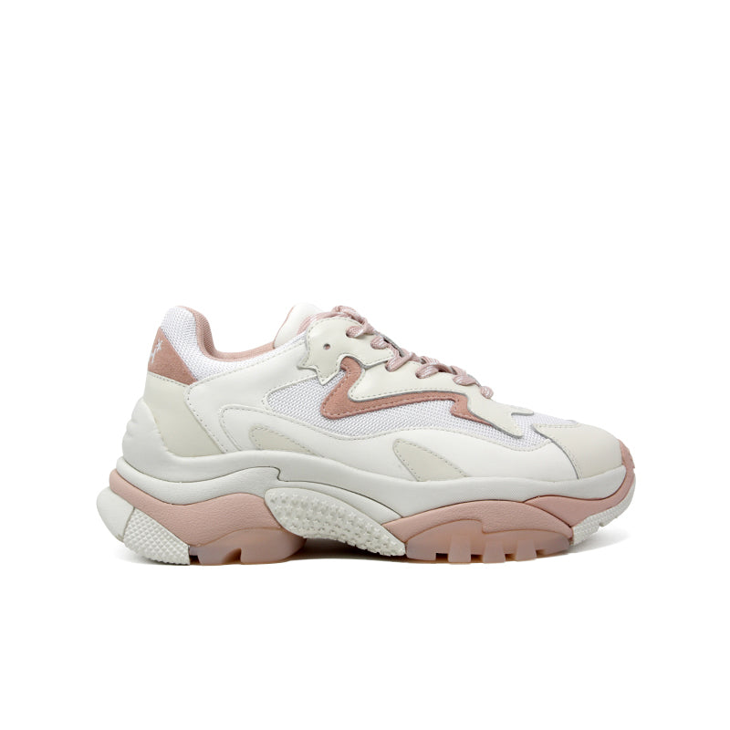 Women’s vanilla leather dad sneakers with pink laces and chunky rubber sole