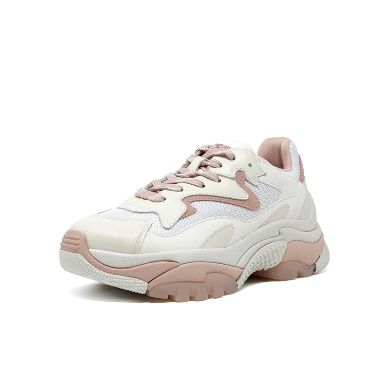 Women’s vanilla leather dad sneakers, pink lace eyelets, thick cushioned sole