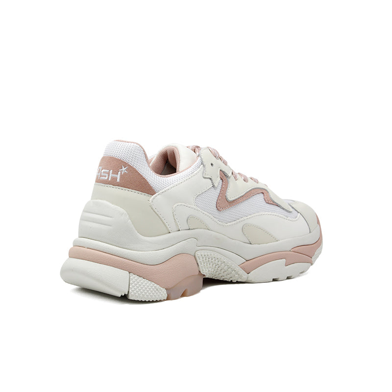 Women’s vanilla leather dad sneakers with pink heel detail, chunky sole and laces