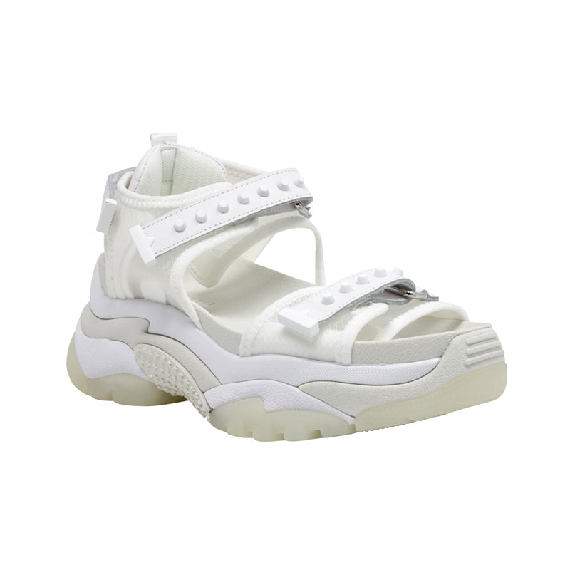 White casual platform sandals with ankle and toe straps