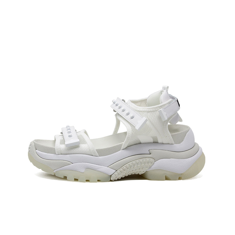 White casual platform sandals with two buckle straps and chunky sole