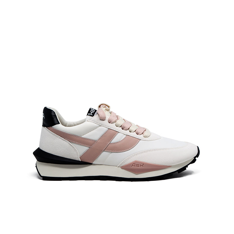 Women’s white sneakers with blush pink stripes, lace-up closure and cushioned sole