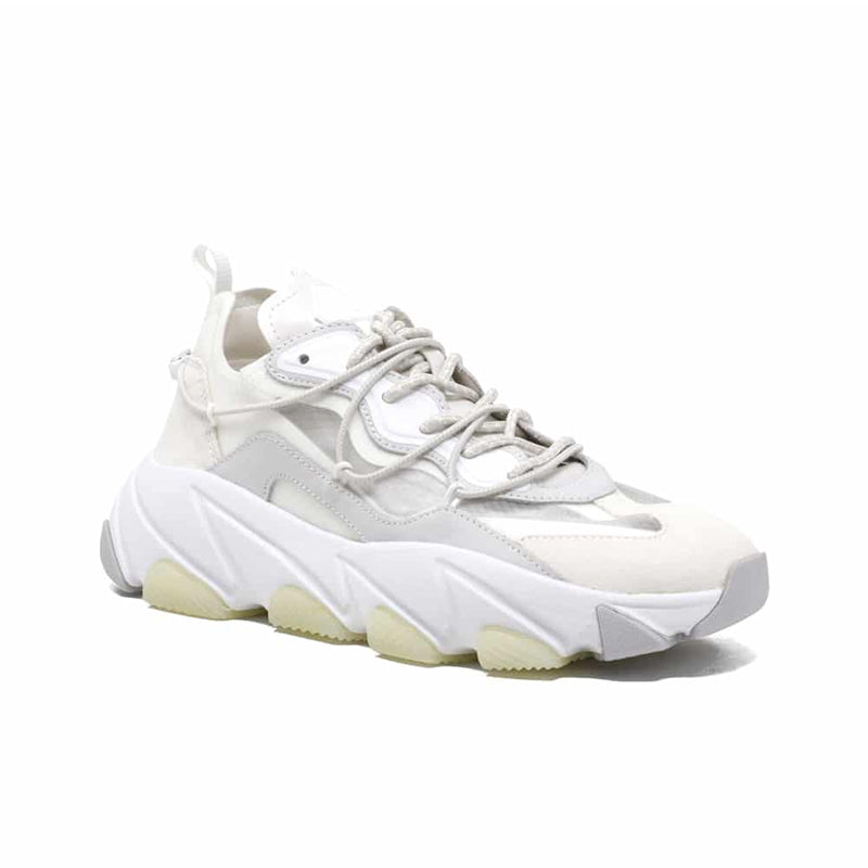 Women's white leather sneakers with lace-up front and chunky sole