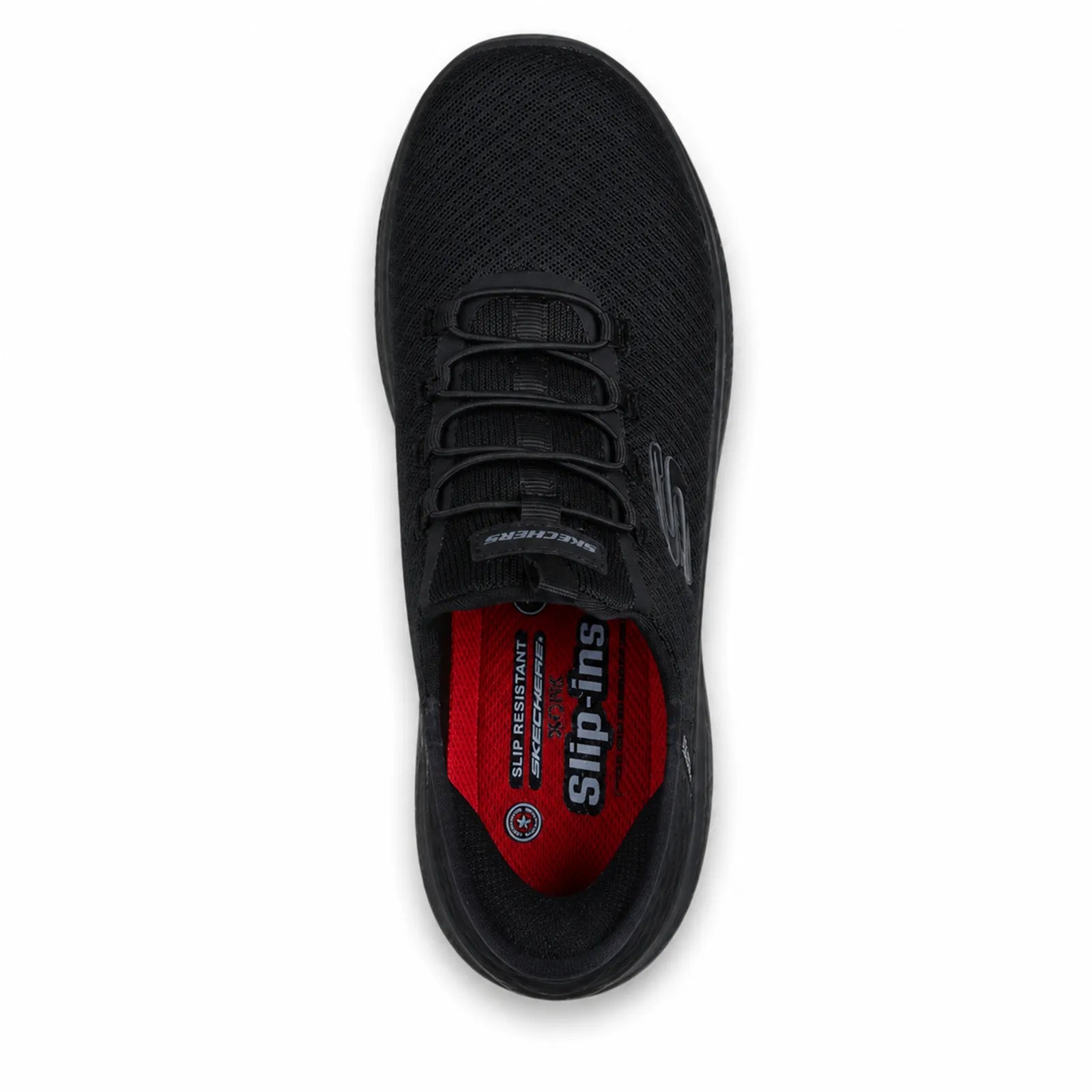 Skechers Summits SR Enslee unisex black work shoe side angle view showing knit mesh upper and lightweight sole