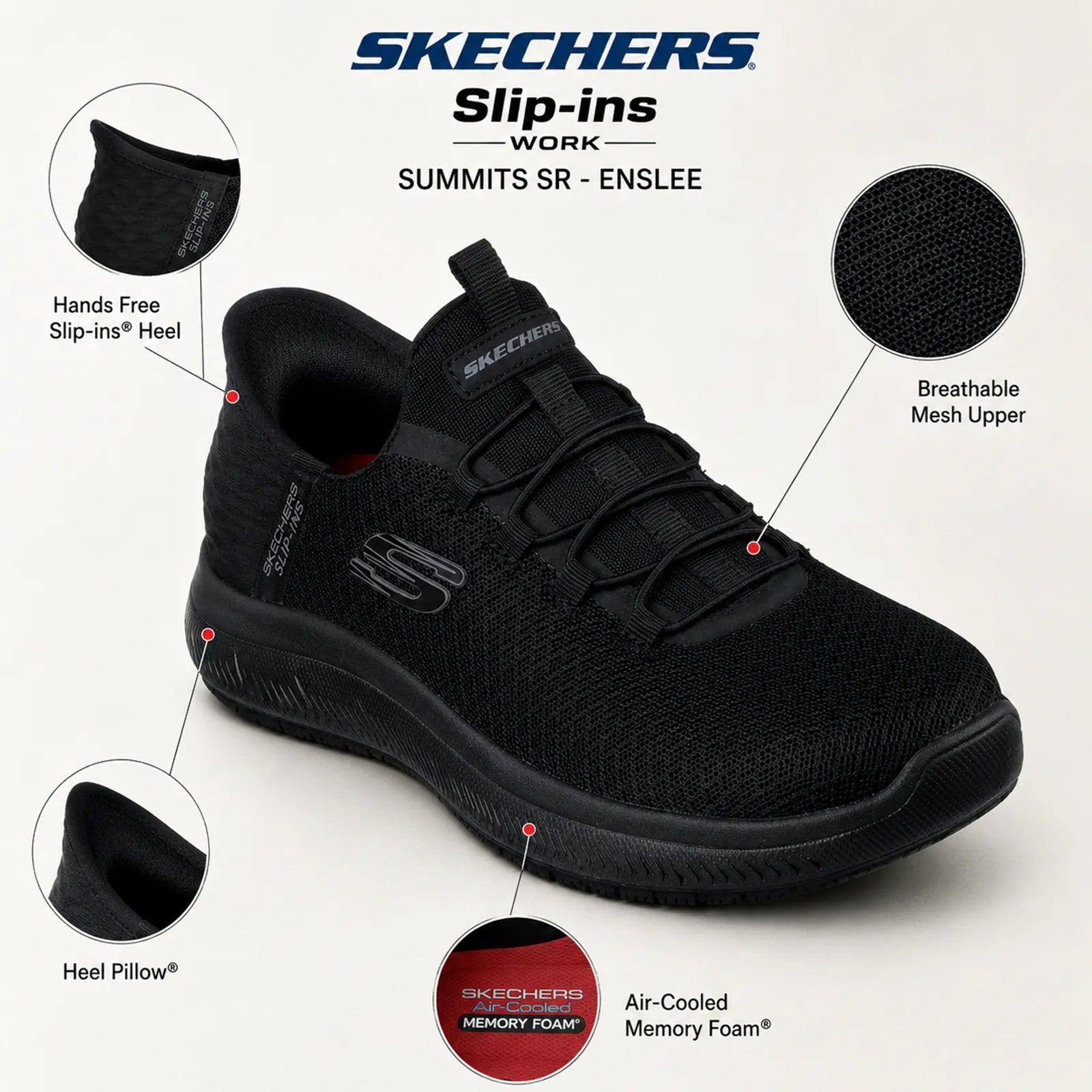Skechers Summits SR Enslee unisex black work shoe top detail showing fixed stretch laces and cushioned interior