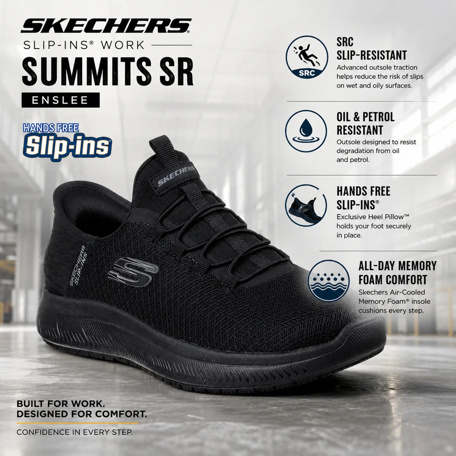 Skechers Summits SR Enslee unisex black work shoe outsole detail with SRC slip resistant traction and oil resistant design