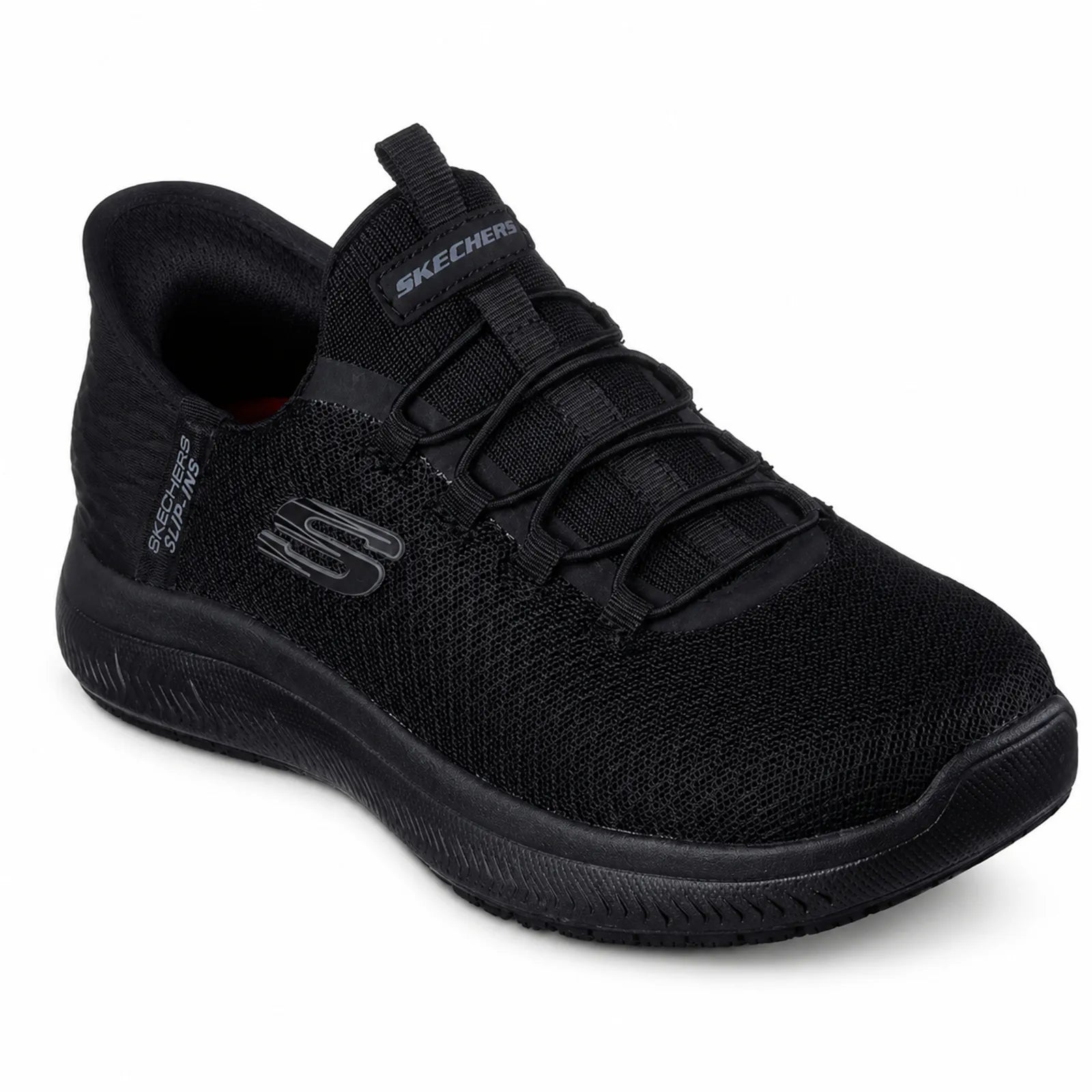 Skechers Summits SR Enslee unisex black slip resistant work shoes with breathable knit mesh upper and stretch laces
