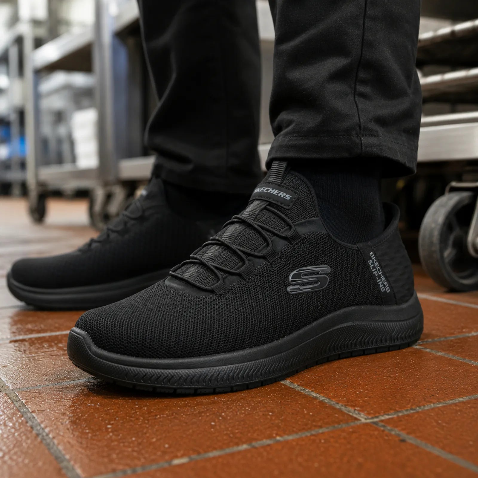 Skechers Summits SR Enslee unisex black work shoes worn for all-day comfort with hands-free slip-in design