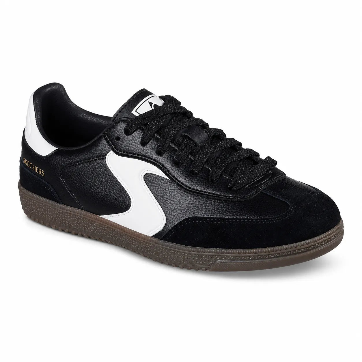 Skechers women's sneakers black white Duraleather suede low-top court style 185232, main product view