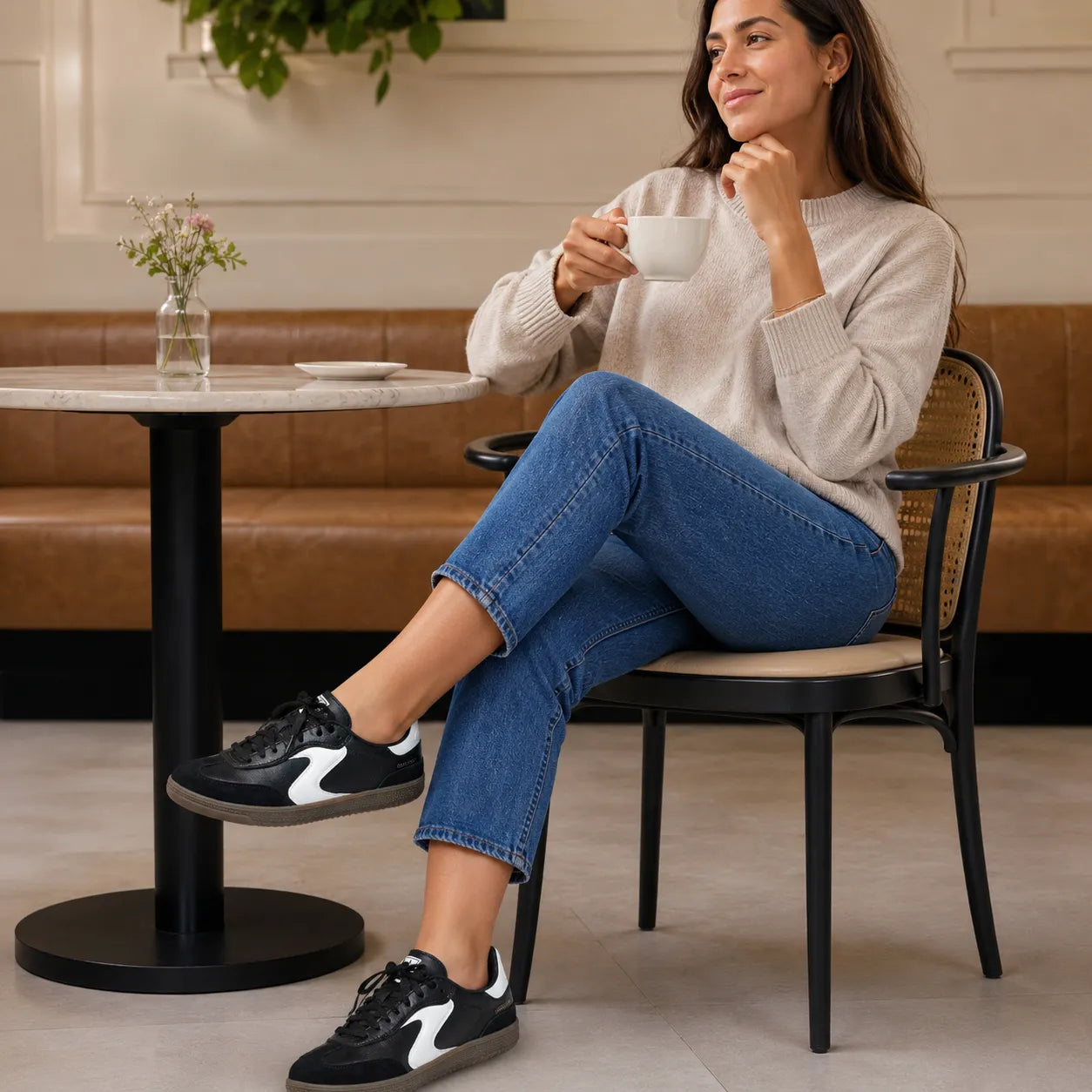 Skechers women's sneakers black white Air-Cooled Memory Foam comfort 185232, on-foot lifestyle scene