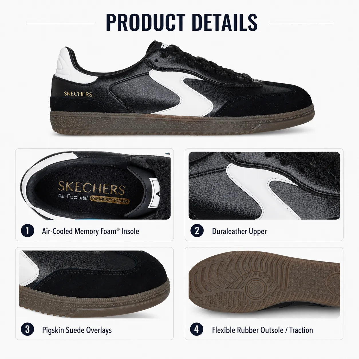 Skechers women's sneakers black white Duraleather suede low-top 185232, product details and outsole view