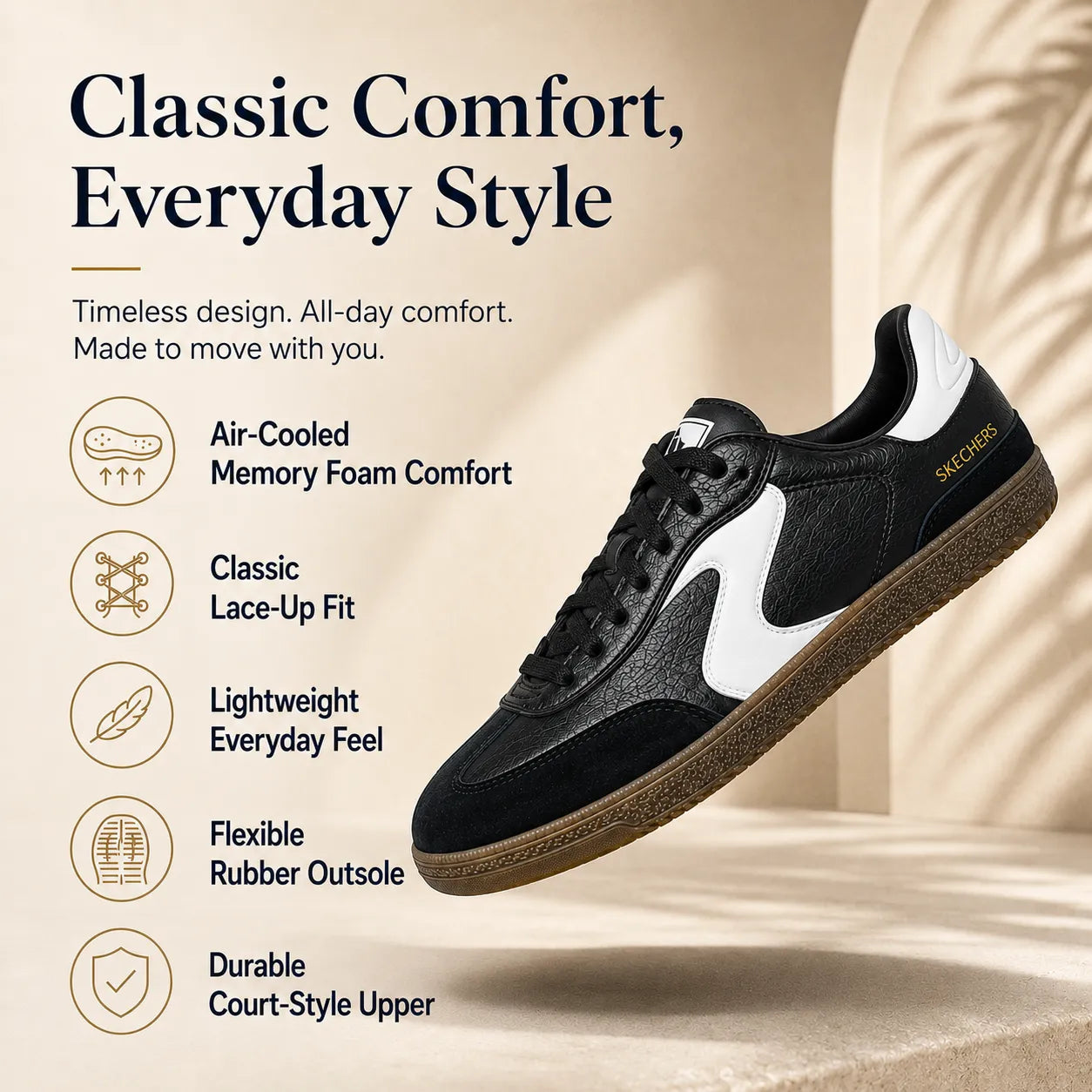 Skechers women's sneakers black white breathable comfort lace-up 185232, Air-Cooled Memory Foam feature detail