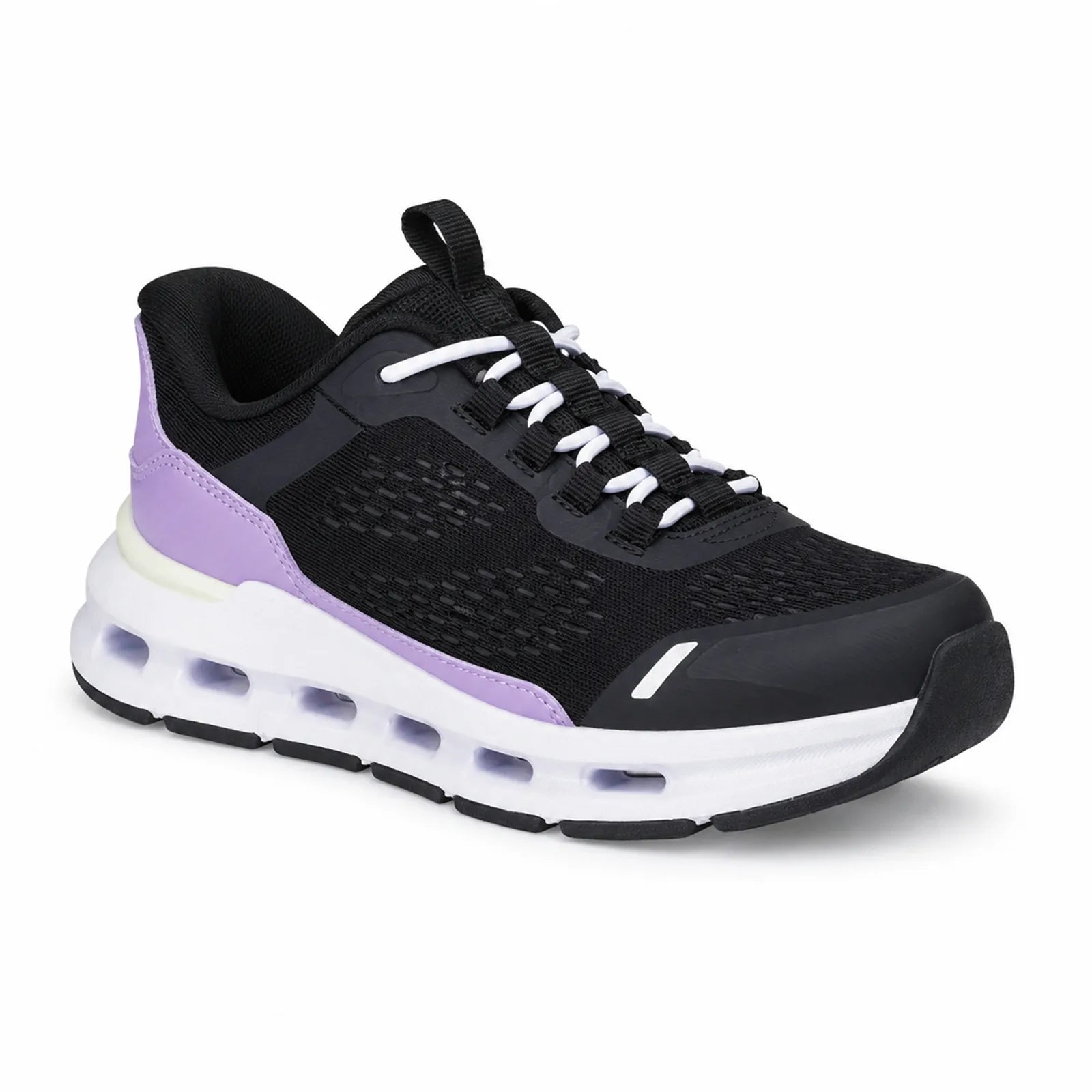 Girls' lace-up sneakers in black with purple side panel and white cushioning sole