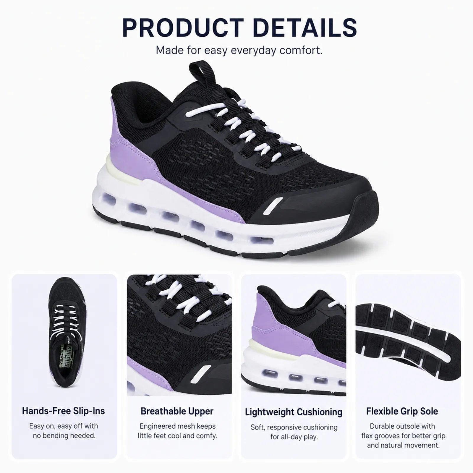 Girls' lace-up sneakers in black with purple trim, mesh upper, and white sole