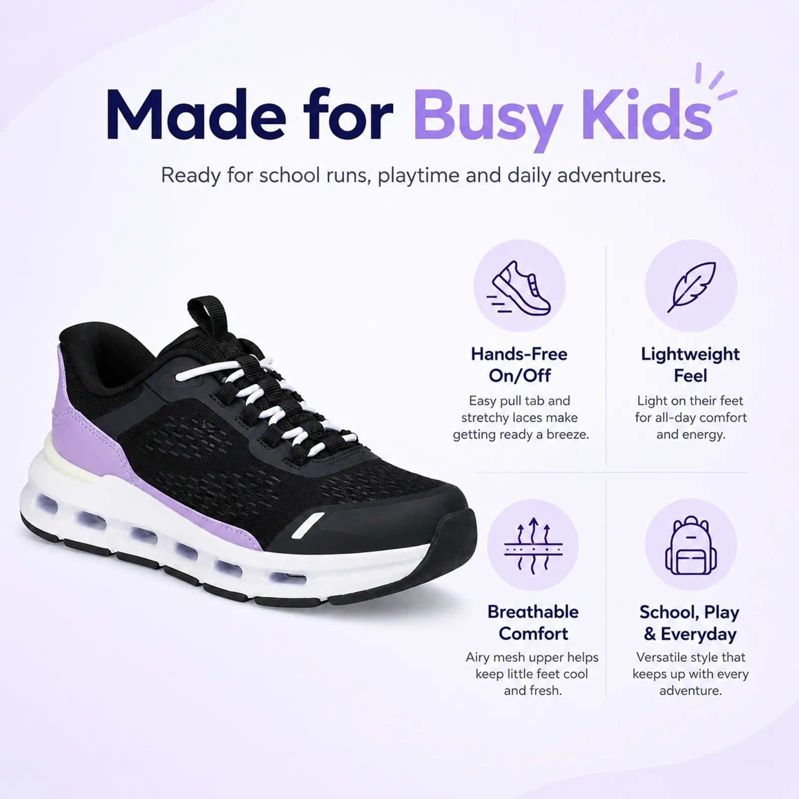 Girls' lace-up sneakers in black with purple detailing and white cushioned sole