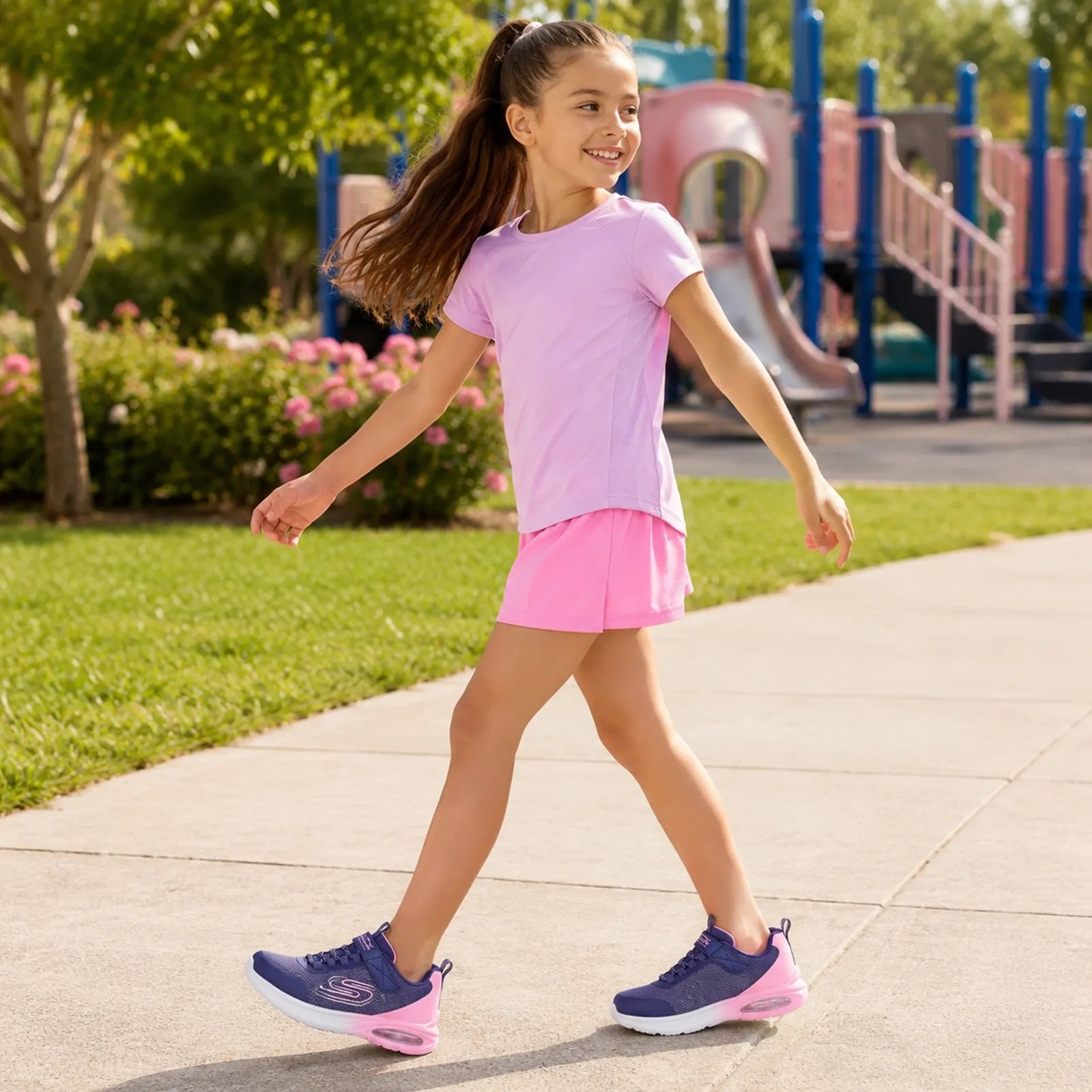 Girls' sneakers with dark navy uppers and pink accents, worn outdoors
