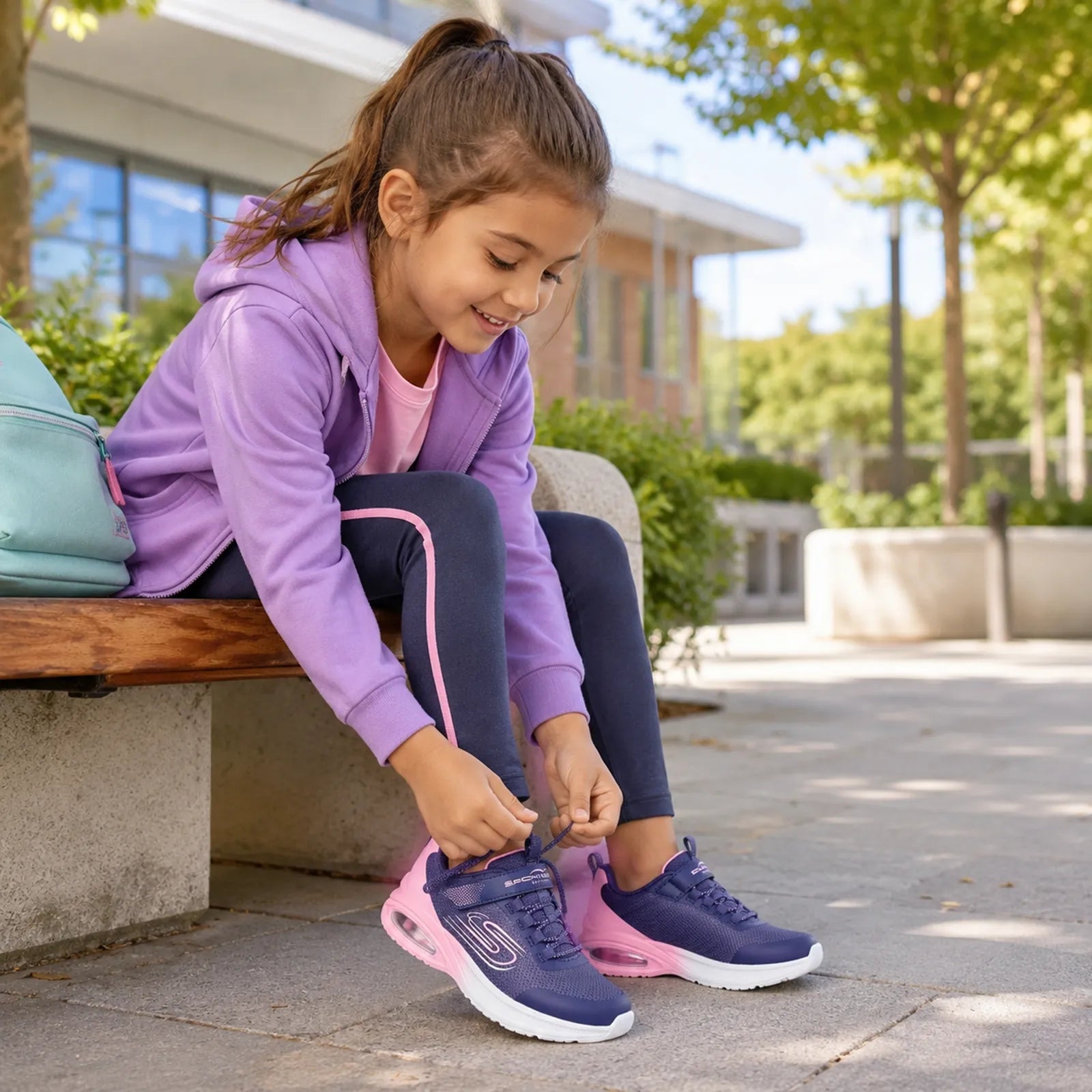Girls' navy and pink sneakers being laced, with air-cushion sole