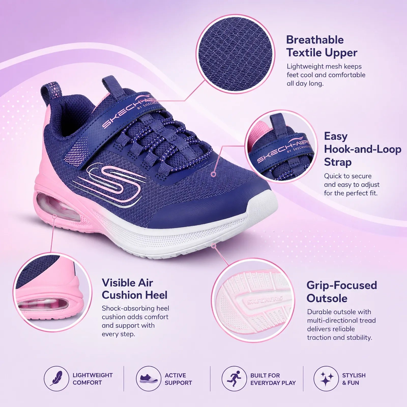 Girls' navy sneakers with pink sole details, hook-and-loop strap, mesh upper