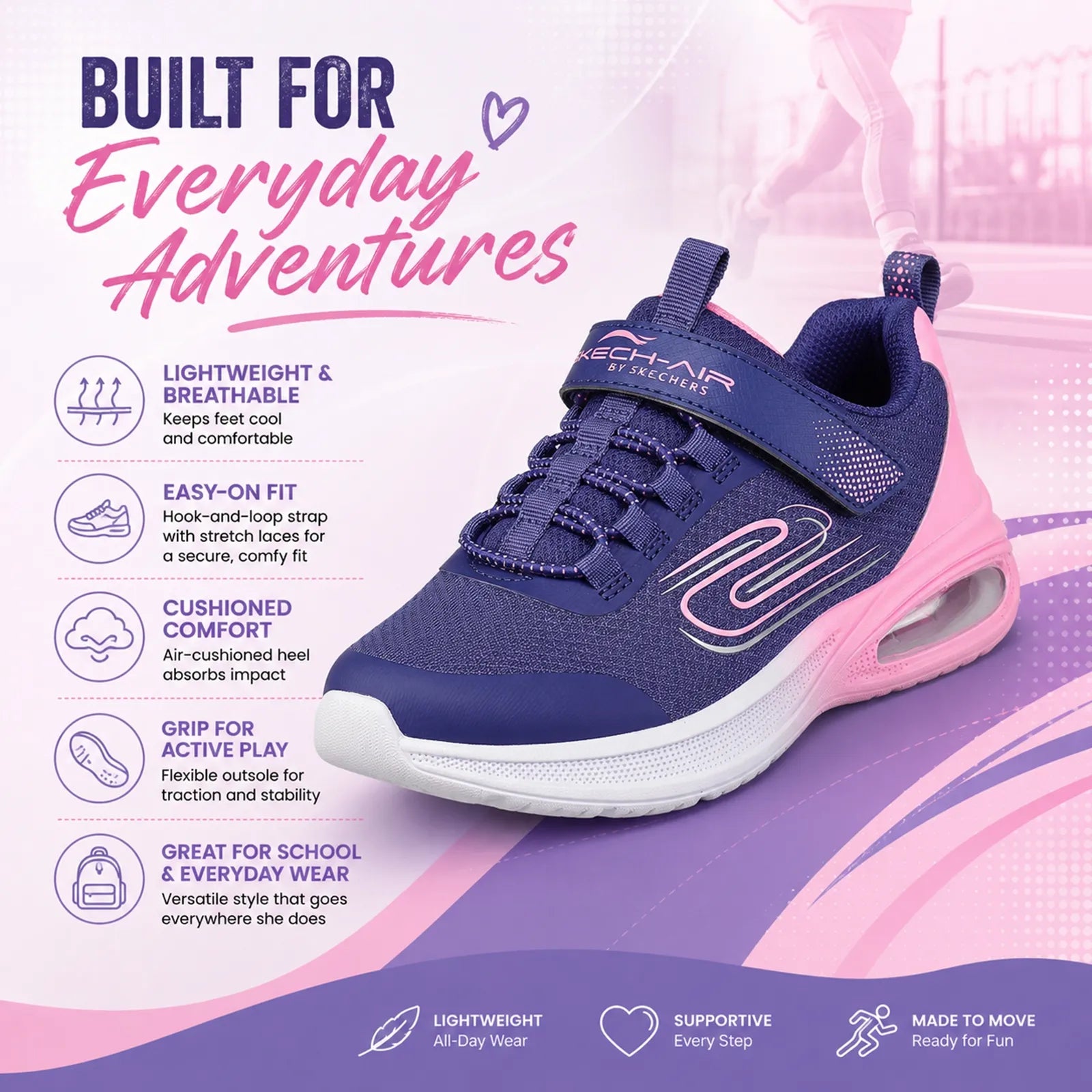 Kids' sneakers in dark navy with pink details and visible air-cushion sole