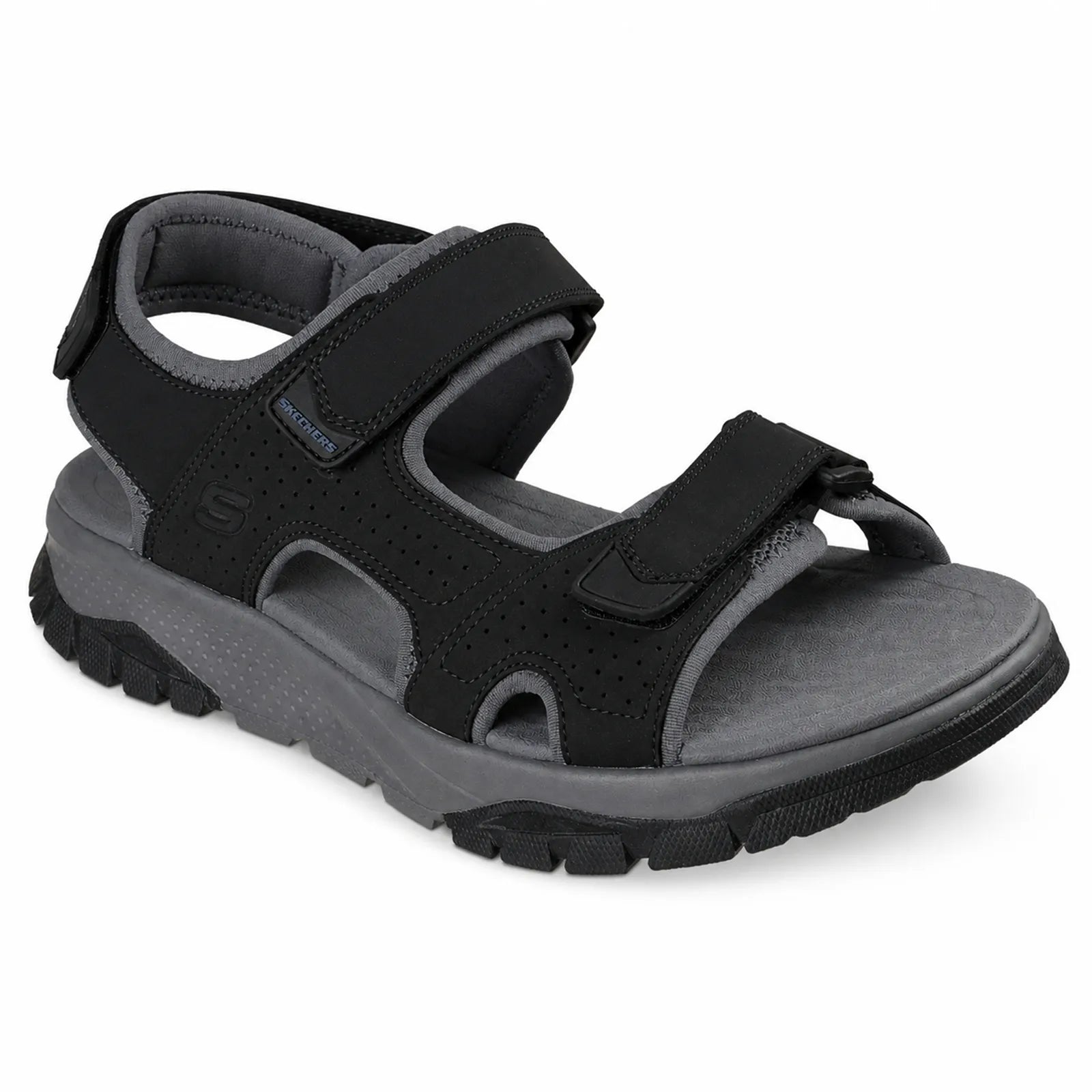 Men’s three-strap river sandals, black, cushioned footbed and adjustable hook straps