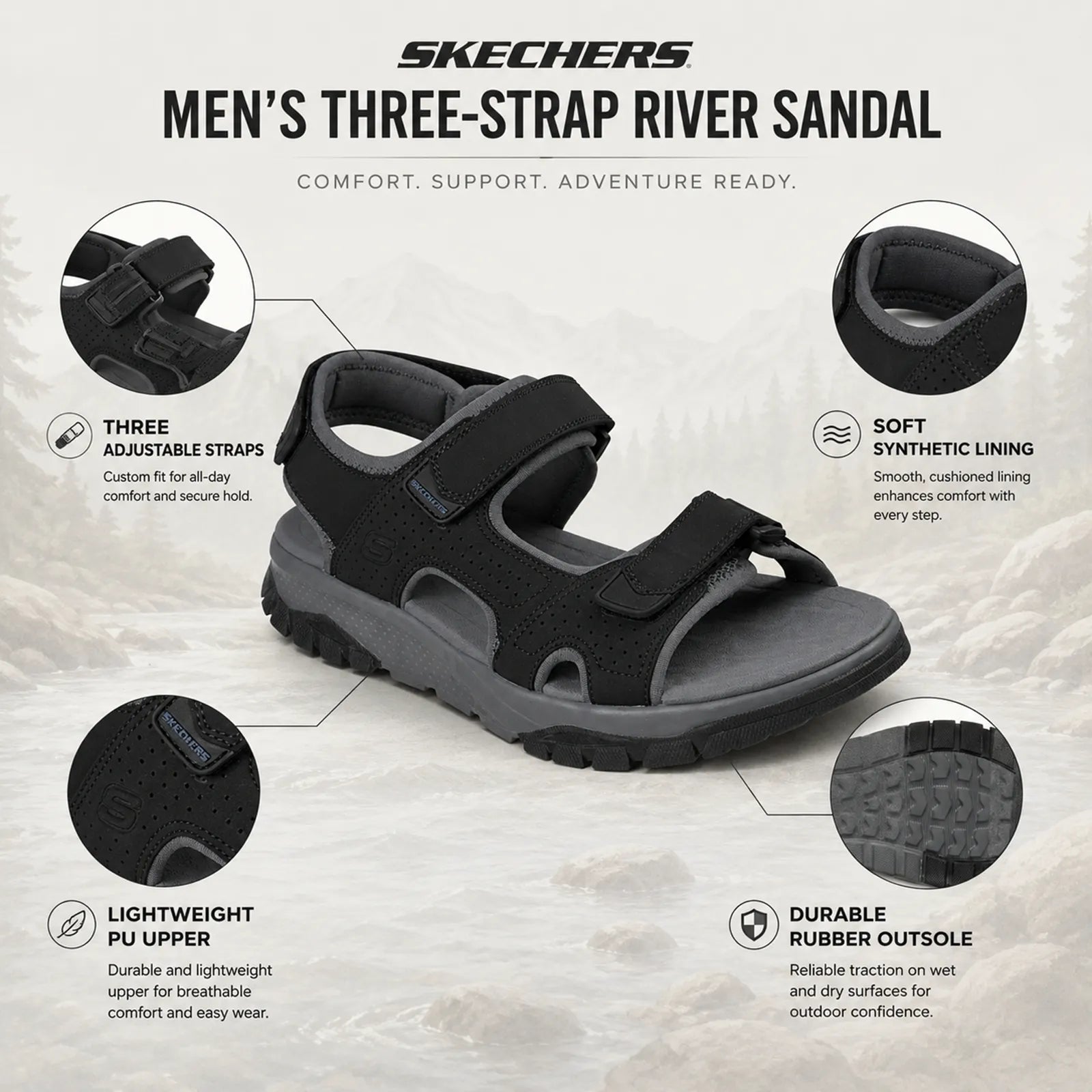 Men’s black three-strap river sandal, durable rubber outsole and adjustable straps