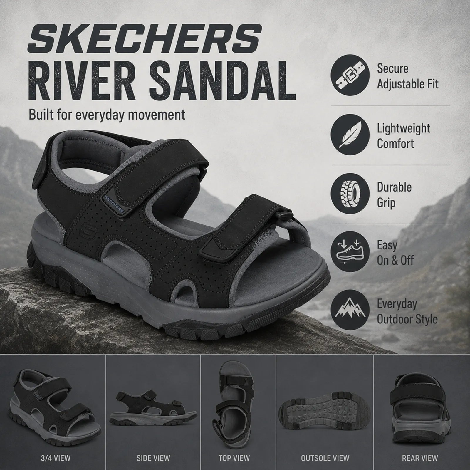 Men’s black three-strap river sandal with adjustable fit and grippy tread outsole