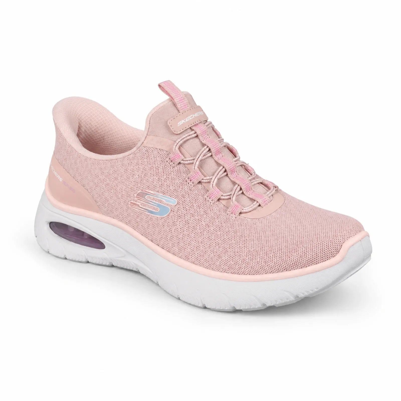 Pink Skechers slip-on sneakers with lace-up front, cushioned sole, and S logo