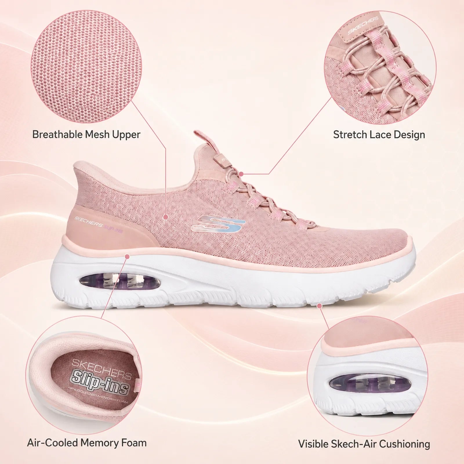 Pink Skechers slip-in sneaker close-up with breathable mesh upper and air-cushion sole