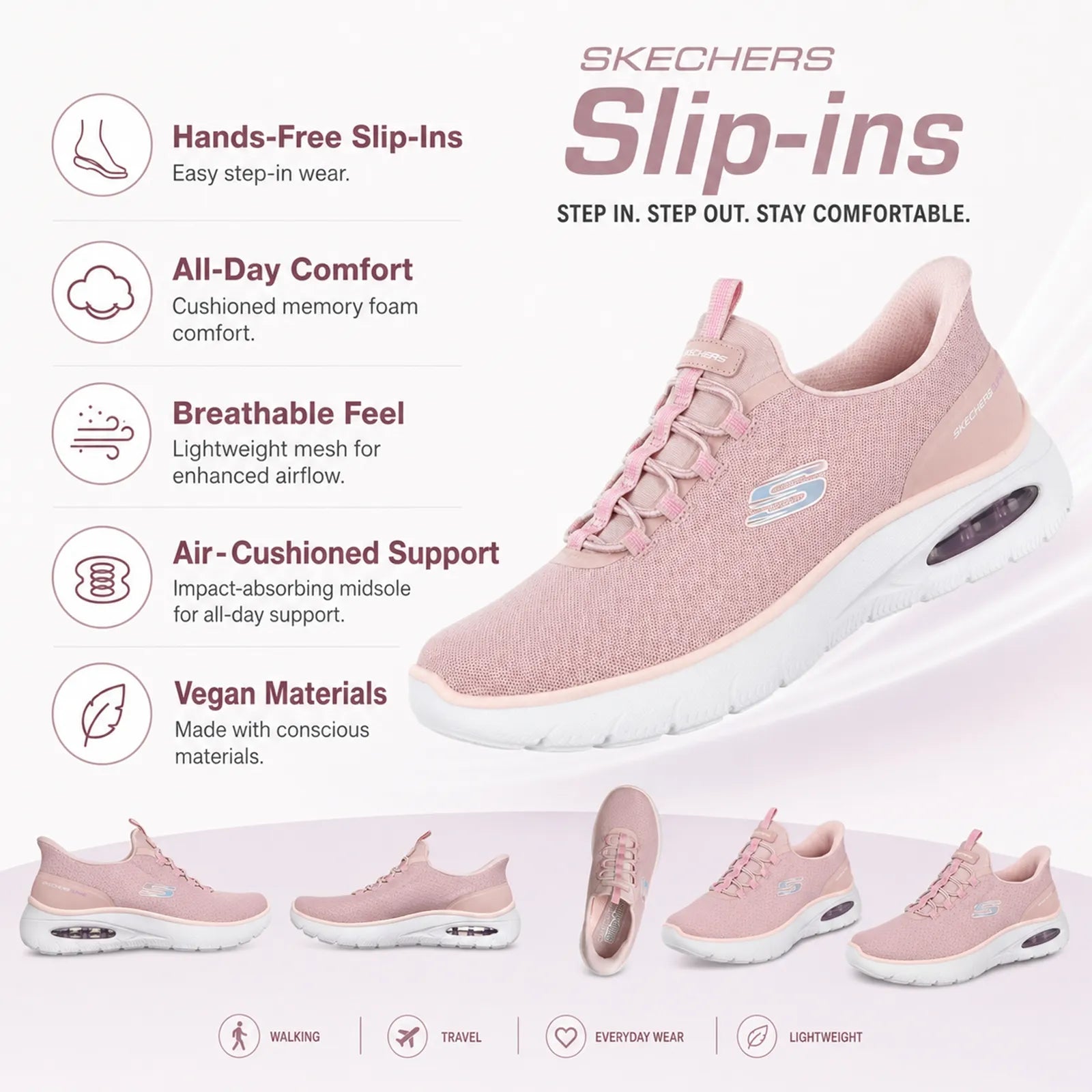 Pink Skechers slip-in sneakers with lace-up design and air-cushioned sole