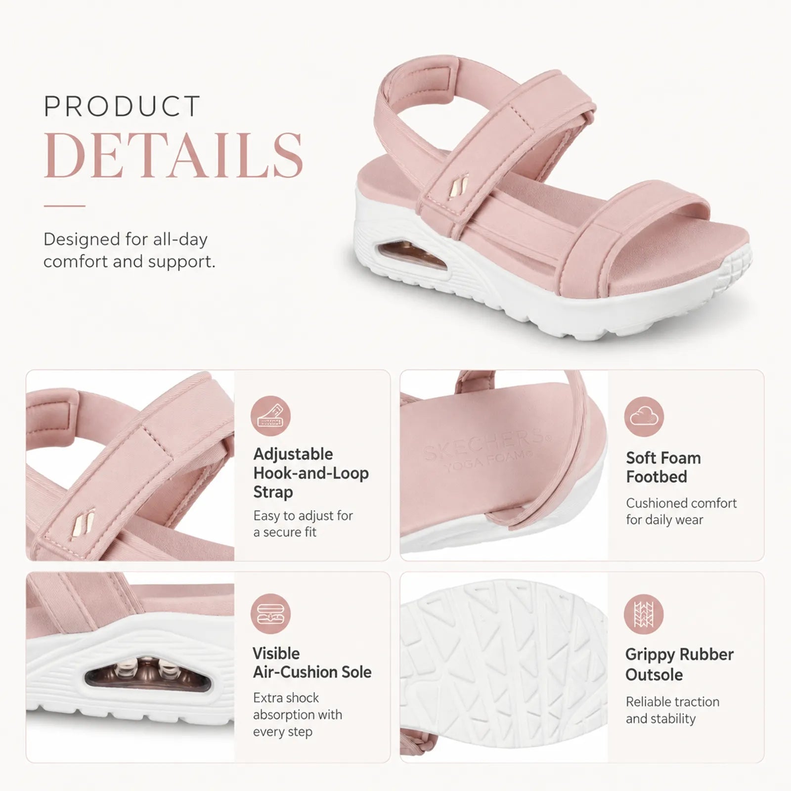 Pink sport sandals with hook-and-loop straps and cushioned white sole