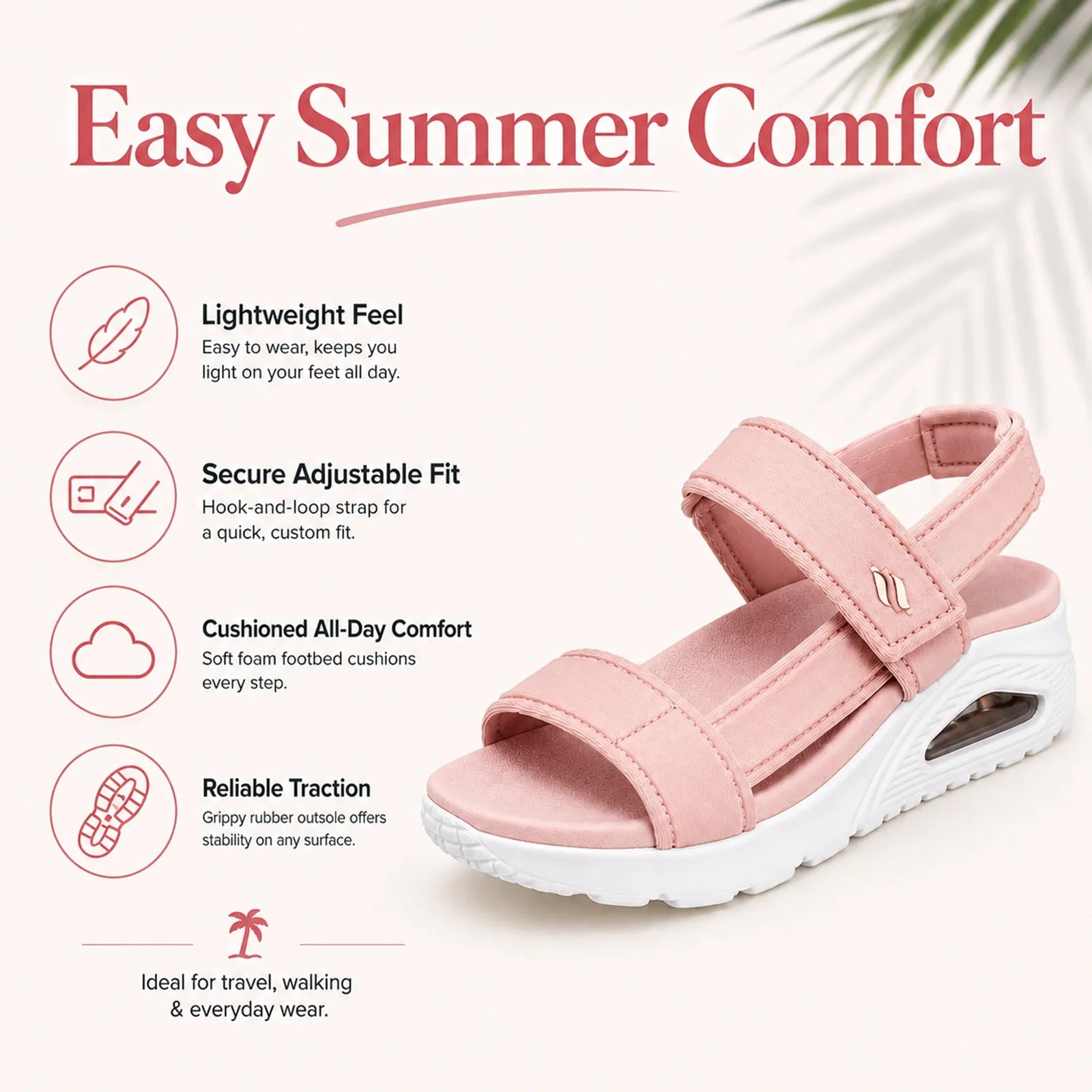 Pink sport sandals with hook-and-loop straps and cushioned white sole, side view