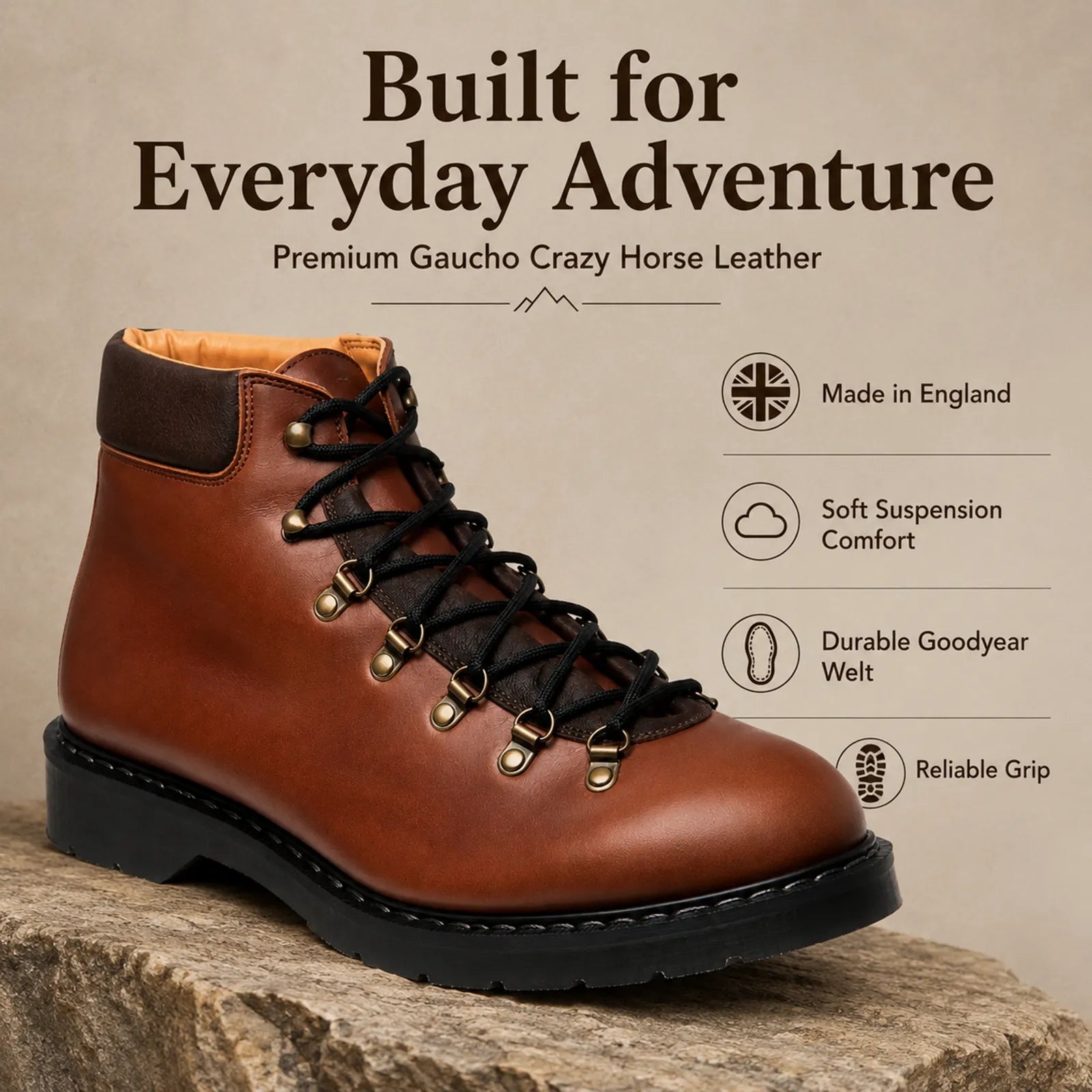 Solovair Urban Hiker boots in brown leather with black laces and padded ankle collar