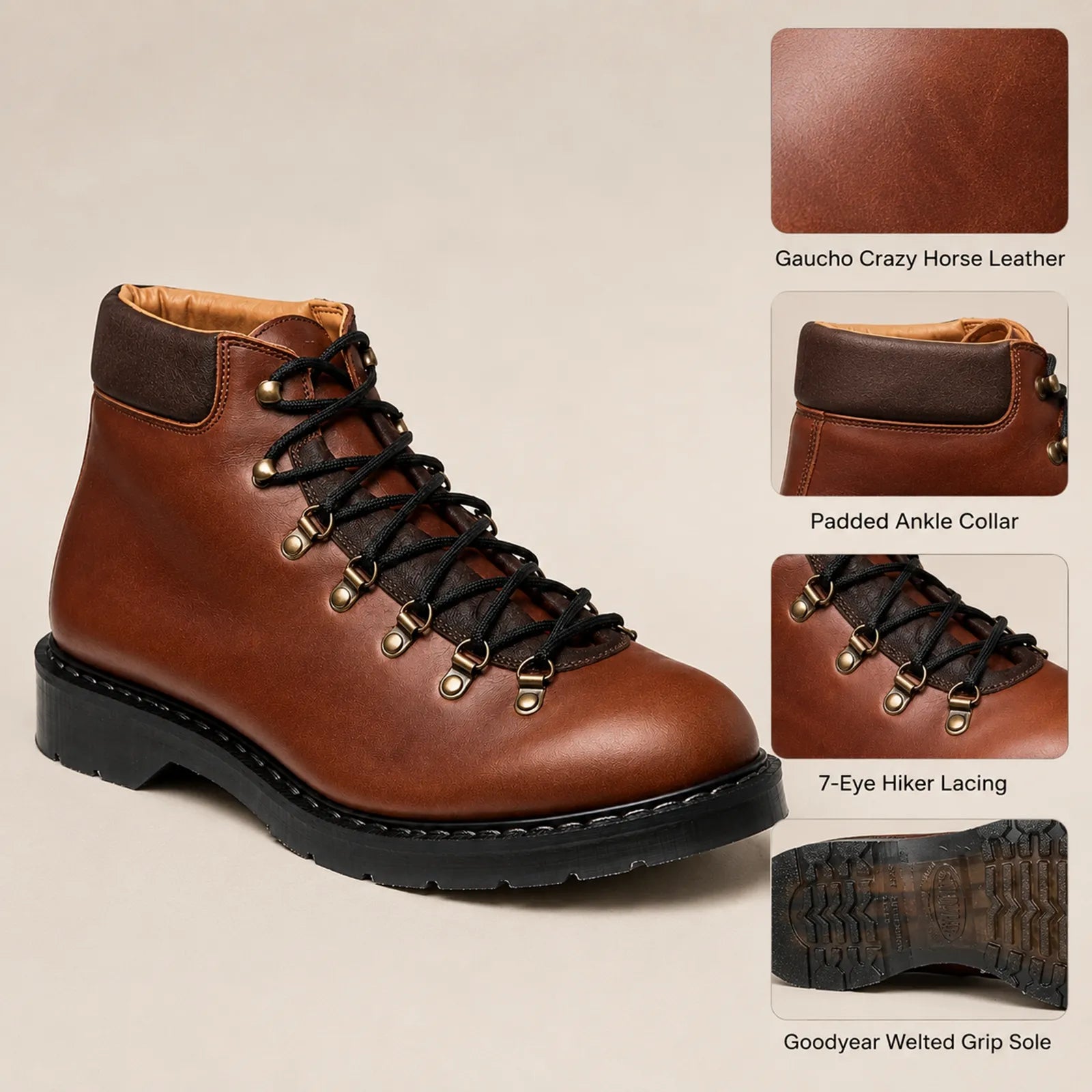 Brown leather hiker boots with padded ankle collar, black laces, and metal hardware