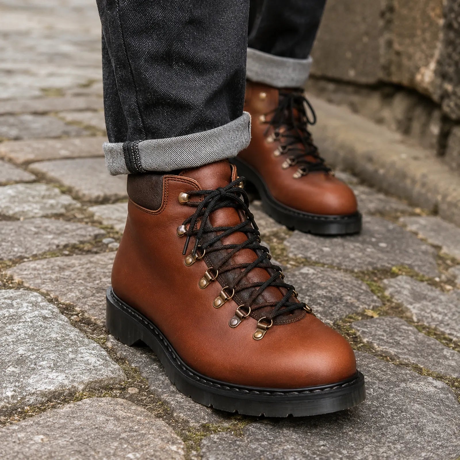 Brown leather hiker boots with black laces and thick lug soles, ankle height