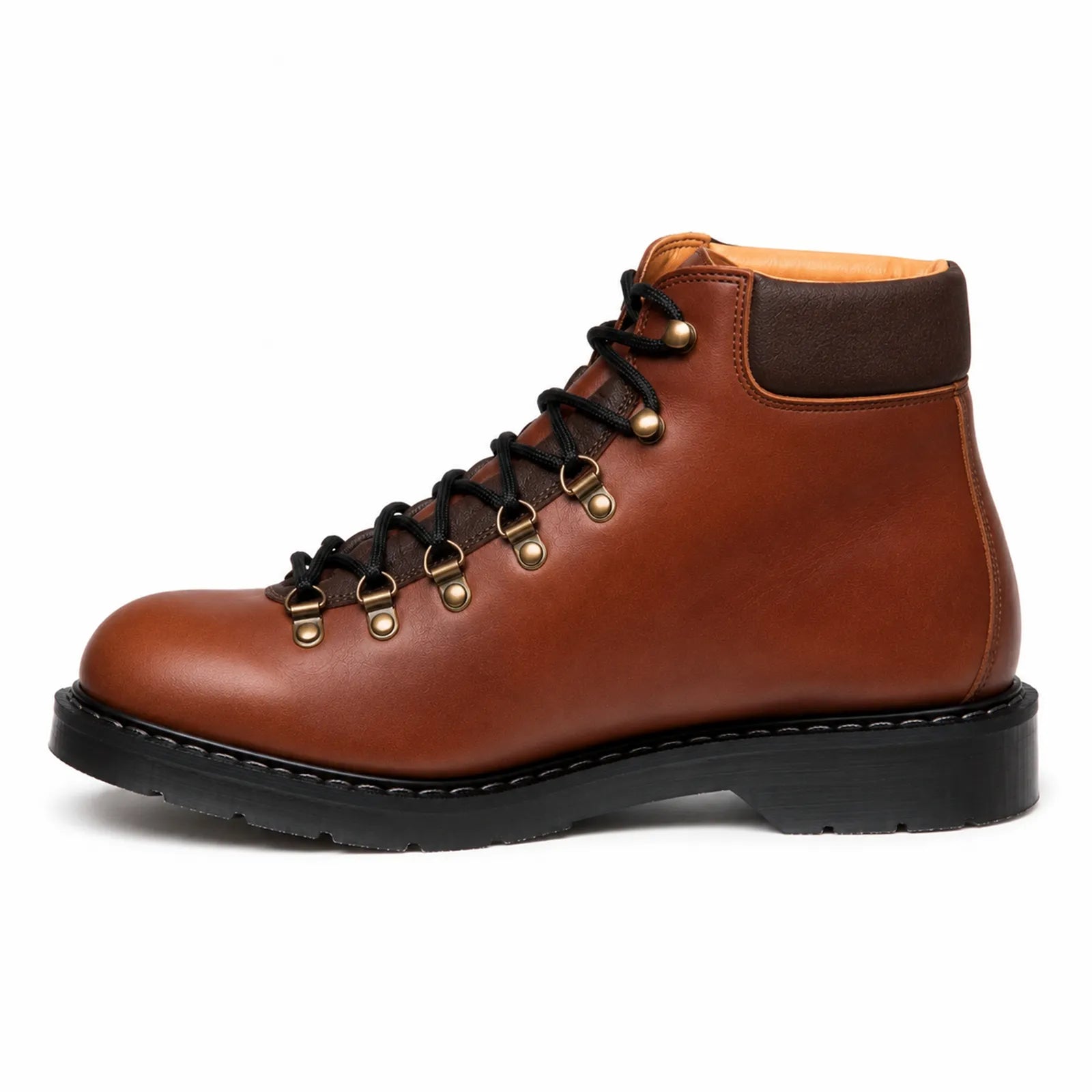 Solovair Urban Hiker 7-eye boots in brown leather with dark ankle panel and black laces