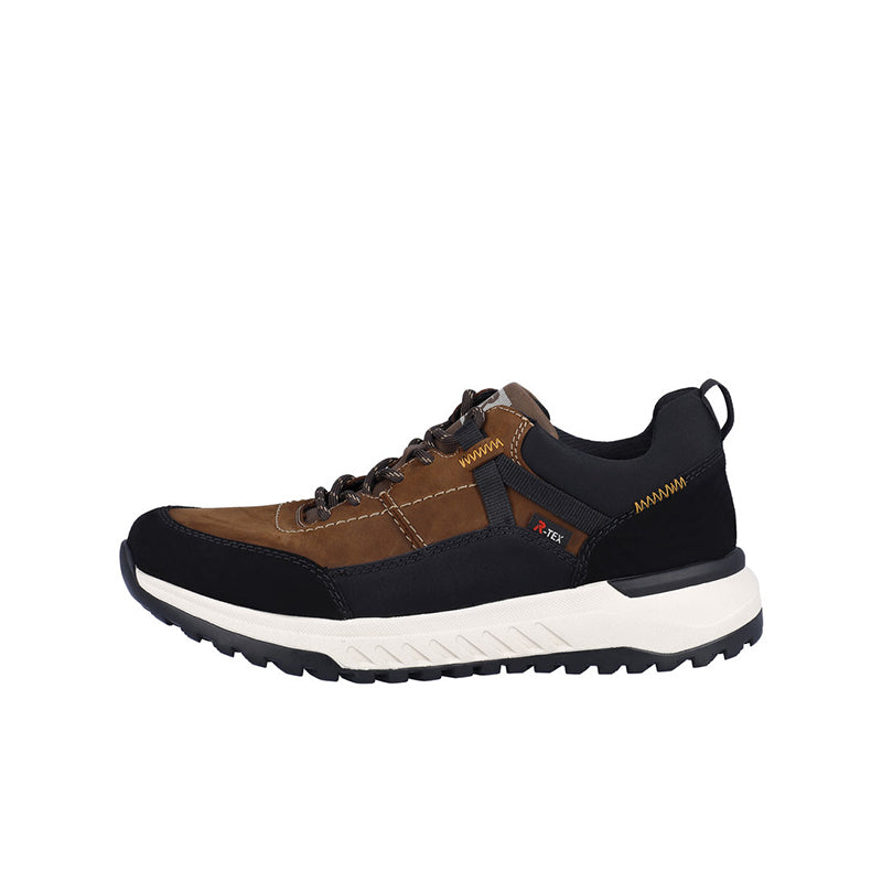 Men's brown and black lace-up sneakers with textured tread sole
