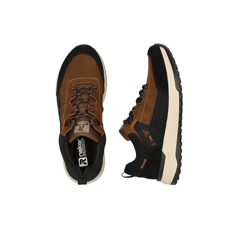 Pair of men's brown lace-up sneakers, side and heel view, white outsole