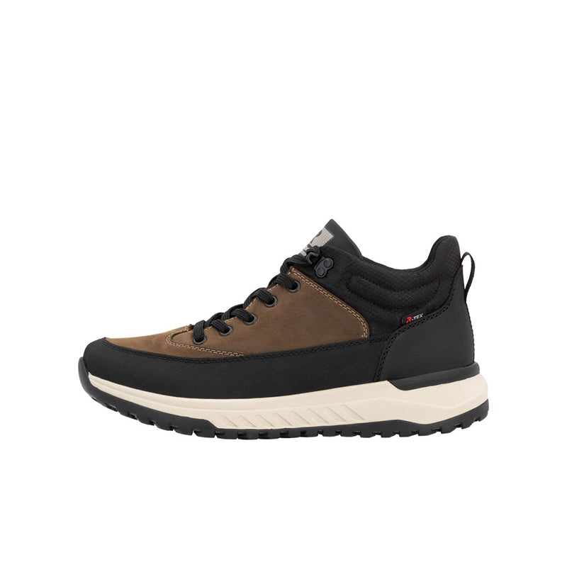 Men's lace-up boots with brown suede-look upper, black sides, and cream sole