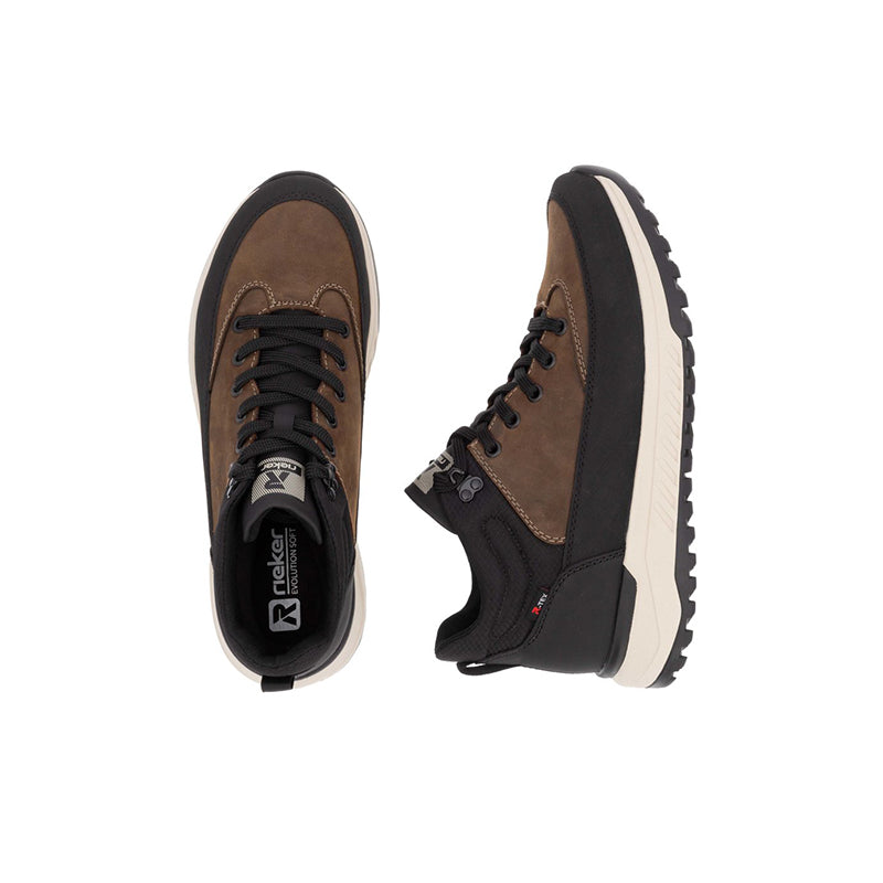 Men's lace-up boots pair with brown uppers, black laces, and contrast cream soles