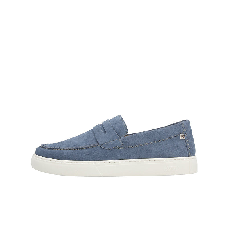 Blue suede slip-on loafers with stitched apron and bow strap